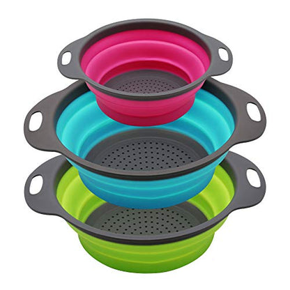 Qimh Collapsible Colander Set of 3 Round Silicone Kitchen Strainer Set - 2 pcs 4 Quart and 1 pcs 2 Quart- Perfect for Draining Pasta, Vegetable and fruit (green,blue, purple) - color: Multicolor