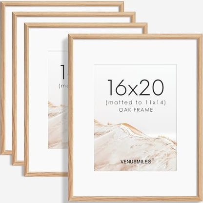 16x20 Picture Frame Set of 4 Natural Solid Oak Photo Frames with 11x14 Removable Mat Wall Hanging Large Handcrafted Frame with HD Plexiglass Wall and Tabletop Display Large Poster Frame - color: Oak, size: 16X20,4P