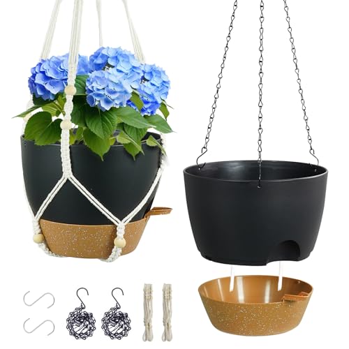 Meowell 10 inch Self Watering Hanging Planters, 2 Pack Hanging Flower Pots for Indoor Outdoor Plants, Hanging Baskets with Drainage Holes & 2 Kinds of Plant Hangers for Garden Home Decor, Black Brown - color: Black With Brown