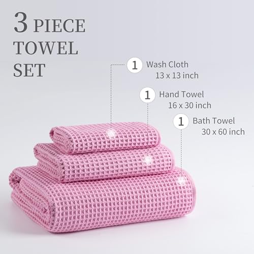 MICROFI Microfiber Waffle Bath Towels, 3 Pieces, Oversized, Soft, Absorbent, Fast Drying, Lint Free, Includes Bath, Face and Hand Towels 430 GSM - color: Pink