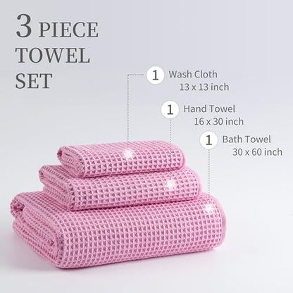 MICROFI Microfiber Waffle Bath Towels, 3 Pieces, Oversized, Soft, Absorbent, Fast Drying, Lint Free, Includes Bath, Face and Hand Towels 430 GSM - color: Pink