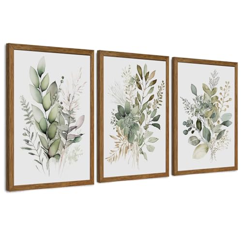 AVECCO 3 Pieces Green Watercolor Botanical Framed Canvas Wall Art 20x30 in | UV Fade-Resistant Ink, Giclee Print, Wooden Frame, Triptych Sage Green Leaf, Ready to Hang, Living Room Bedroom Decor - color: Sage Green Plant, size: 30"L x 20"W