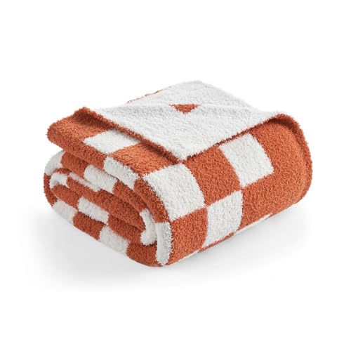Snuggle Sac Checkered Bedding Blanket Twin Size 60x80, Super Soft, Cozy Warm Knit Blankets, Reversible Breathable Lightweight Fluffy Throws for Travel, Bed, Checkered Burnt Orange, 60x80 Inches - color: Checkered Burnt Orange, size: Twin(60"x 80")
