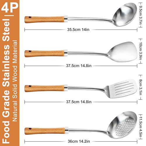 Pleafind 4-Pcs Cooking Utensils Set, Stainless Steel Kitchen Utensils with Wooden Handle, Kitchen Essentials Set Include Wok Ladle, Slotted Spoon, Wok Spatula and Slotted Spatula, Dishwasher Safe - color: 4P-Yellow