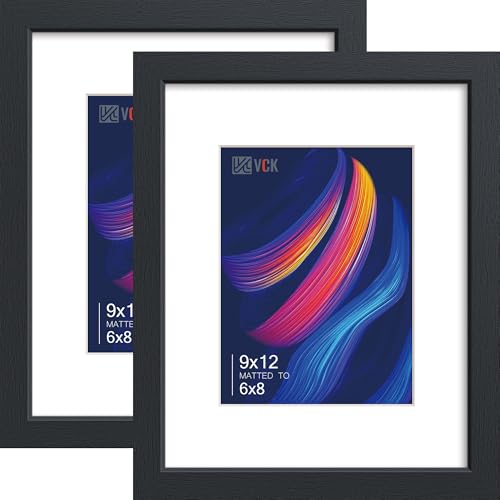 VCK 9x12 Frame 2 Pack, Black Wood, 6x8 Mat, Glass, for Picture, Photo | Tempered Glass, Acid-Free Mat, Vertical or Horizontal Tabletop and Wall Display, for Photos, Gallery Wall, Home, and Office - color: Black, size: 9x12, style: 2 Pack