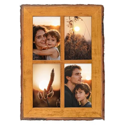 Golden State Art 4x6 Collage Picture Frame,Solid Wood&Real Glass,4 Photos | Multi Picture Frame for (4) 4x6 Photos - Natural Bark Edges Design - Farmhouse Collage Wall Decor - Rustic Brown - size: 4 Openings 4x6