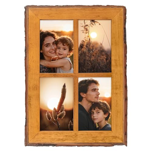 Golden State Art 4x6 Collage Picture Frame,Solid Wood&Real Glass,4 Photos | Multi Picture Frame for (4) 4x6 Photos - Natural Bark Edges Design - Farmhouse Collage Wall Decor - Rustic Brown - size: 4 Openings 4x6