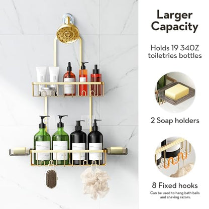 Shower Caddy Hanging, Shower Organizer Hanging, Aluminum Shower Racks for Inside Shower with Hooks for Razor, Never Rust Bathroom Organizers and Storage with Soap Holder, Gold