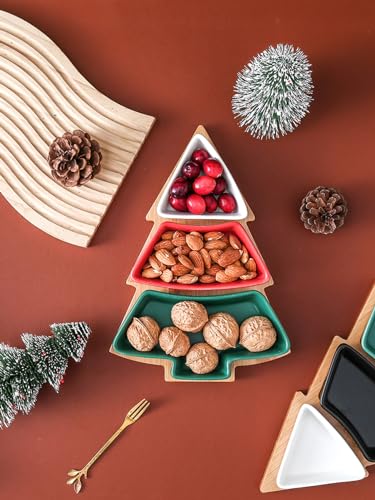 Colorful Christmas Tree Plate Chip & Dip Set, 12'' Ceramic Snack Plate with Bamboo Tray, Removable Porcelain Christmas Tree Appetizer Dessert Fruit Salad Saucers Bowl Cutlery Platter Serving Dish