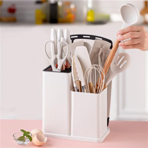 19 Piece Kitchen Utensils and Knife Set with Block, 9 Silicone Cooking Utensils, 5 Sharp Stainless Steel Chef Knife Set with Scissors, Whisk, Tongs and Cutting Board (Khaki)