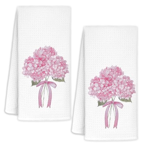 Spring Pink Hydrangea Bow Decorative Hand Towels for Bathroom Washroom Set of 2, Hydrangeas Gifts, Hydrangea Bathroom Decor, Flower Floral Hydrangeas Kitchen Towels, 16x24 Inch - color: Pink Bow Hydrangea