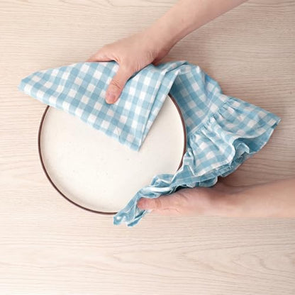 HunnmingRe Light Blue Kitchen Towels Set of 2, 100% Cotton Ruffled Gingham Dish Towels 18"x28" Tea Cloths Classic Plaid Pattern for Farmhouse Charm, Drying Dishes, Entertaining Guests - color: Light Blue, style: Gingham