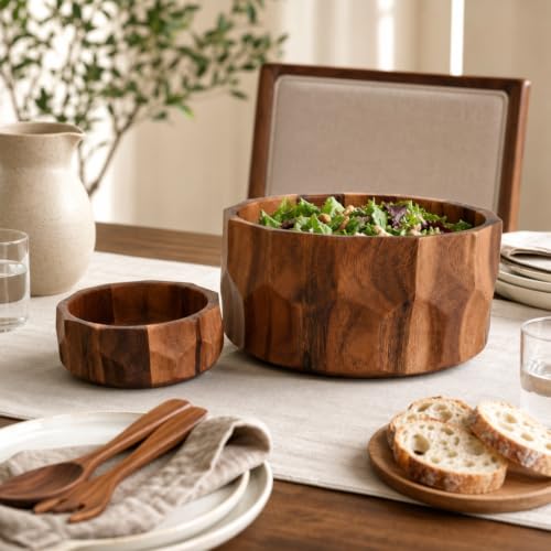 Arthur Court Large Diamond Pattern Acacia Wood Salad Serving Bowl - Modern Centerpiece for Fruits or Salads - 12" Diameter 6" Tall - size: Diamond