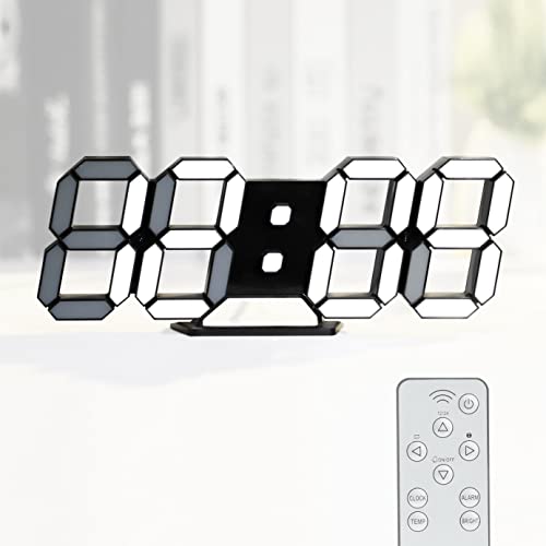 Digital Clock 3D LED Wall Clock for Living Room Decor 9.7" Alarm Clocks Black Clock Wall Decor Digital Wall Clock,Remote Control/Dimmer/Date/Temperature - color: 9.7in Black Clock-white Light