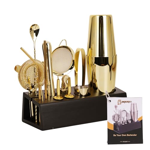 15-Piece Gold Cocktail Shaker Set Bartender Kit with Bamboo Stand | Stainless Steel Bar Set Accessories, Professional Bartending Kit Home Bar Tools Set with Recipes (Gold, Black Stand) - color: Gold, size: Black Stand