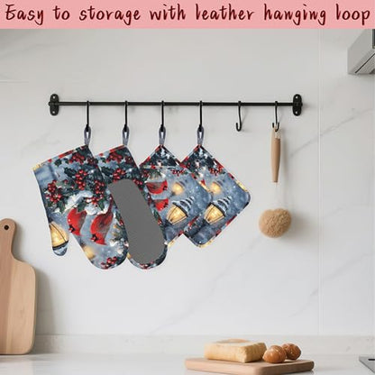 Christmas Berries Heat-Resistant Silicone Oven Mitts and Pot Holder 4 Piece Set,Cardinal Non-Slip Kitchen Oven Gloves for Baking, BBQ, Cooking,Grilling - color: Christmas Berries Cardinal