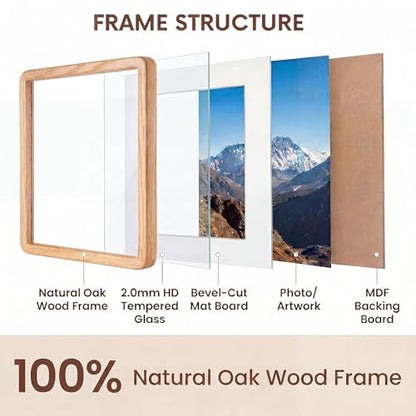 Acovy 9x12in Picture Frame, Natural Solid Oak | Handcrafted Wooden Photo Frame, Dual Use for Wall Mount, Matted to Fit 6"x8" Photos, HD Tempered Glass - color: Oak, size: 9x12in