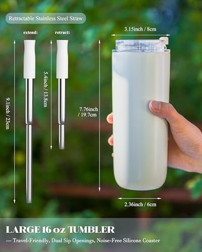 16 oz Insulated Coffee Tumblers, Travel Coffee Tumblers with Straw (Cream) | Double-Wall Stainless Steel Tumbler, Leak Proof Tumbler, Reusable Cups with Lids for lced and Hot Drinks - color: 16-Cream, size: 16 Ounces