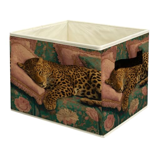 Vintage Leopard Pink and Blue Storage Basket with Handles | Grandmillennial Cheetah Animal Baroque Collapsible Fabric Storage Box Bin Organizer for Shelves Closet Clothes - color: colour 22