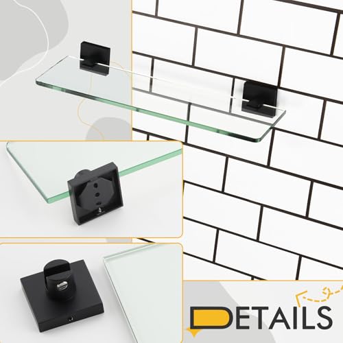 KOKOSIRI Bathroom Glass Shelf 16-Inch Tempered Glass Floating Shelves Shower Storage Kitchen Hanging Rack Wall Mount, Black Stainless Steel B1107BK-L16 - color: Matte Black, size: 16-Inch