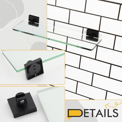 KOKOSIRI Bathroom Glass Shelf 16-Inch Tempered Glass Floating Shelves Shower Storage Kitchen Rack Wall Mount, 2 Pack Black Stainless Steel B1107BK-L16-P2 - color: Matte Black, size: 16-Inch(2 Pack)