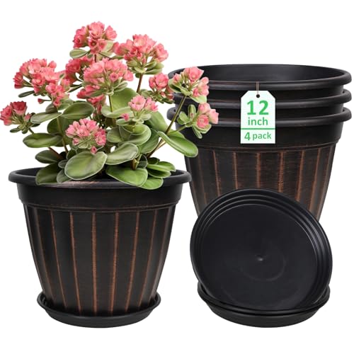 12 Inch Pots for Plants,4 Pack Tall Planter,Large Flower Pot Outdoor | Plastic Garden Pots with Drainage Hole & Saucer,Decorative Outdoor Planter for Planting Medium Large Plants(Black) - color: Black, size: 12 inch-4 pack