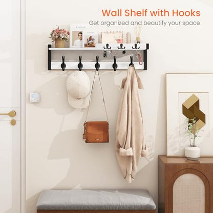 Coat Rack Wall Mount, 29" Floating Shelf with Key and Mail Holder | Wooden Entryway Hanging Shelf with Hooks and Storage for Hat Towel Jacket Purse Backpack Dog Leash, White