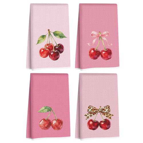 4 Pcs Cherry Hand Towels for Bathroom, Pink Preppy Bow Reusable Dish Towels | Waffle Weave Hand Cloth Tea Towel for Kitchen Bathroom Decor, Cherry Gifts for Women Friend 24x14 Inch - color: Multi 1714
