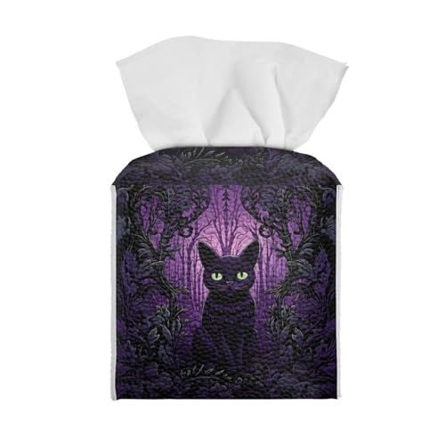 Black Cat Tissue Case Cover Square,Halloween PU Leather Tissue Case Ghost Flower Tissues Cube Box Holder with Bottom Belt Dispenser for Bathroom,Vanity Countertop,Night Stands,Desk,Car - color: Black Cat Ghost Flower Halloween