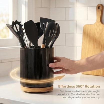 360° Rotating Kitchen Utensil Holder,Ceramic Utensil Holder for Countertop | Utensil Crock for Kitchen Counter with Rotatable Wooden Base,Ideal Housewarming Gift & Mothers Day Gift-Black - color: black