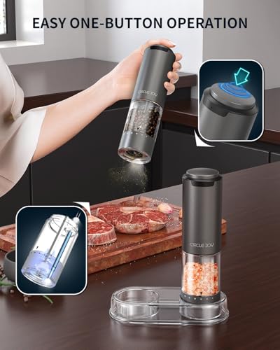 CIRCLE JOY Rechargeable Electric Salt and Pepper Grinder Set with Base, Aluminum Alloy Pepper Mills with 95ml Container, White LED Light and External Adjustable Coarseness, Space Grey - color: Rechargeable Aluminum Set with Base