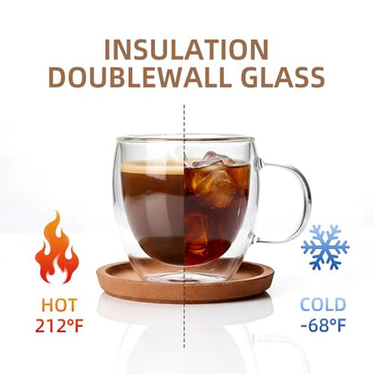 Double Wall Insulated Espresso Shot Cups 5.4 OZ Set of 2, Small Clear Borosilicate Glass Demitasse Coffee Mugs with Handles