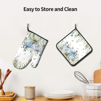 Giwawa Fall Blue Pumpkin Oven Mitts and Pot Holder Set of 2 Autumn Harvest Heat Resistant Kitchen Oven Gloves Hot Pads for Baking Cooking Grilling - color: Fall Blue Pumpkin