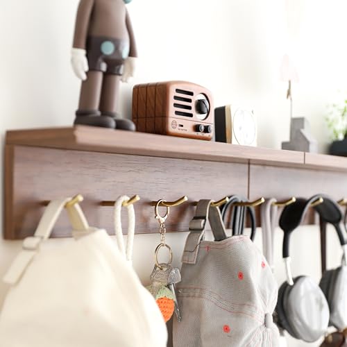 Marine Plywood Wall Mounted Coat Rack with Shelf & Key Hooks, 5 Brass Hooks Entryway Organizer, Modern Floating Shelf for Bedroom Hallway, Space-Saving Home Storage Rack (1, Walnut Finish) - color: Walnut Finish