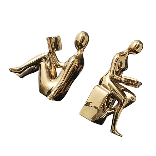 2PCS Abstract Figurine Bookends Modern Decoration for Bookshelves and Home Office Ceramic Electroplated Modern Bookshelves Decoration - color: Gold
