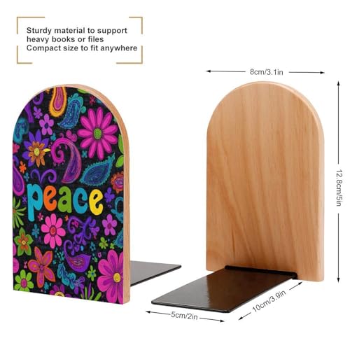 Colorful Flowers Peace Signs Abstract Wooden Bookends Shelves 2 PCS Sturdy Book Holders Desktop Organizer for Home Office Libraries