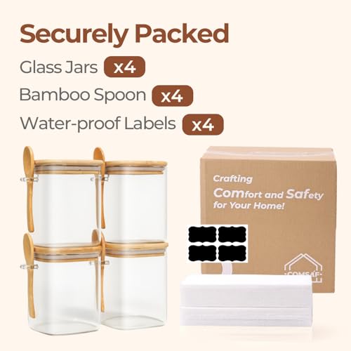 ComSaf Glass Container with Spoon & Lid 0.8 Qt, 4 Pack Glass jar with spoon | Coffee and Sugar Container Set, Coffee Bar, Salt Jar, Bamboo Lid with Silicone Seal, 27oz Canister, Spice,Seasoning, BPA Free - size: 0.8Qt*4