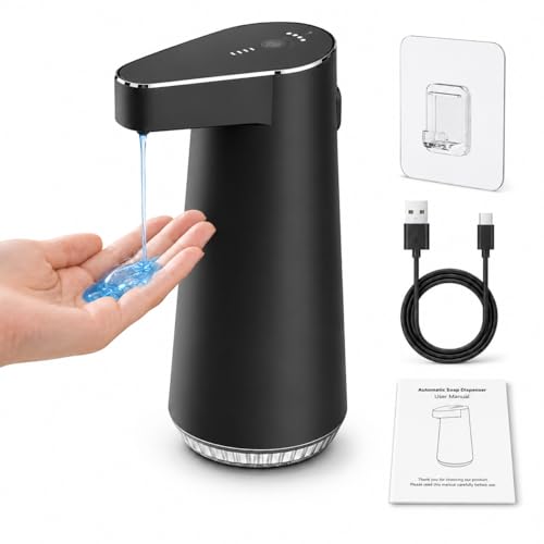 Automatic-Soap-Dispenser, 300ml Touchless Soap Dispenser with USB-C Rechargeable 1200mAh Battery, 4 Adjustable Levels, IPX5 Waterproof Liquid Soap Dispenser for Bathroom Kitchen Office, Black