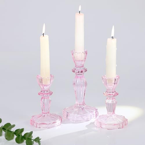 Glass Candlestick Holders Set of 3, Pink Stripe Taper Candle Holders for Table Centerpiece, Home Decorations, Wedding and Party - color: Pink