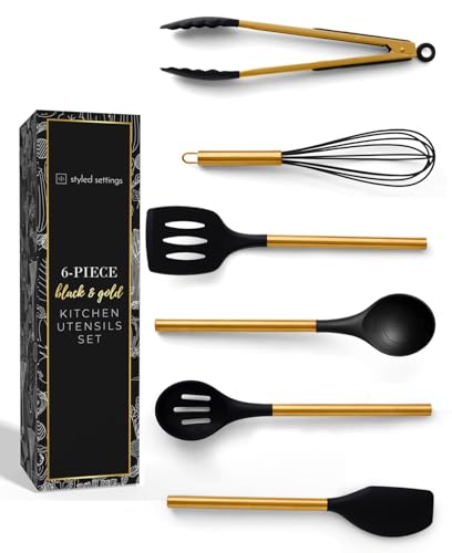 Styled Settings Black and Gold Kitchen Utensils Set, 6-Piece | Silicone Utensils Set Include Tongs, Whisk, Serving Spoon, Spatula, & Turner for Stylish Cooking - Gold Kitchen Accessories - color: Black & Gold
