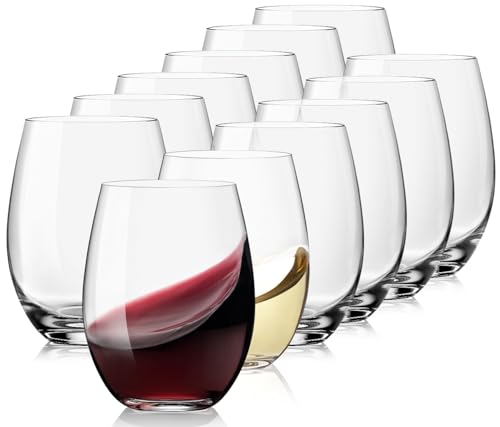 OJA Wine Glasses Set, Crystal Stemless Red Wine Glass, Set of 12, 15 oz | No Stem, Clear, Sturdy Drinking Glass for White Wine, Daily Use, Birthday, Wedding, Home Party, Anniversary, Shower Gift - style: Set of 12-15 oz