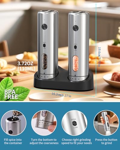 CIRCLE JOY Electric Salt and Pepper Grinder Set with Rechargeable Base Upgraded Stainless Steel Automatic Salt and Pepper Shakers with 2 Grinding Speeds, External Adjustment and 110ml Capacity, Silver - color: External Adjustment Silver