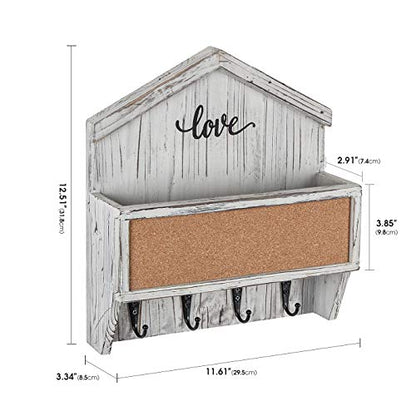 J JACKCUBE DESIGN Wall Mounted Rustic White Wash Mail and Key Holder, Wooden Floating Organizer with Mail Storage, 4 Key Holders and Pin Board for Entryway, Mud Room, Living Room, Office-MK623A