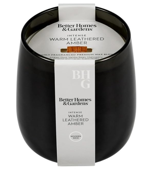 YR BH&G – Luxury Scented Candle, Warm Leathered Amber, 14.5 oz Wooden Wick Jar