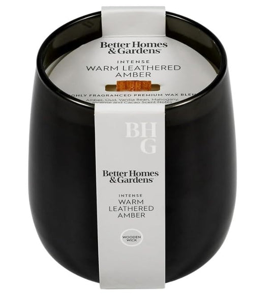 YR BH&G – Luxury Scented Candle, Warm Leathered Amber, 14.5 oz Wooden Wick Jar