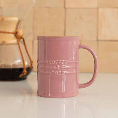 Fringe Studio Stoneware Memento Sculpted Tall Mug "COFFEE & CATS" 3.35"DIA X 4.5"H, 14 fl.oz., Blush Color (436006) - color: Coffee & Cats