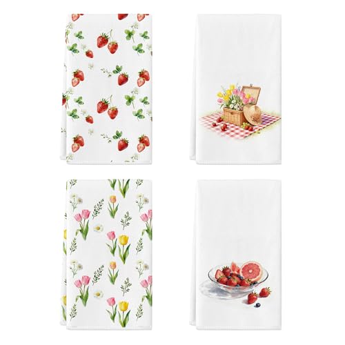 Spring Kitchen Towels Set of 4,Strawberry Blueberry Dish Towels 17x27 Inch,Tulip Daisy Wildflower Floral Hand Towels,Fruit Tea Cloths,Summer Microfiber Farmhouse Home Decoration (Strawberry) - color: Strawberry