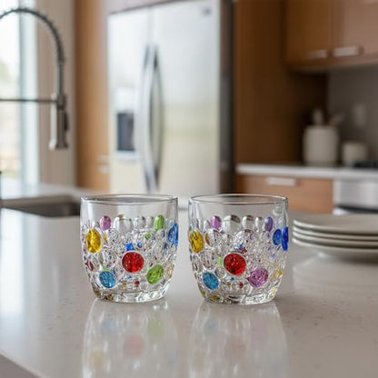 Handmade Crystal Water Glasses, So Cute, Colored Beaded, Set of 6, Bubble Design, 11oz Modern Hobnail Drinking Glasses, for Water,Whiskey, Wine, Beer,Juice,Cocktail,Coffee, Champagne, Gift