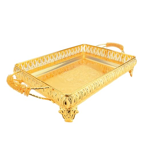 Decorative Serving Tray, Gold European Style Metal Serving Tray with Handles, Coffee Tea Beverage Serving Rectangle Tray, Cake Platter Serving Trays Food Platter Jewelry Tray