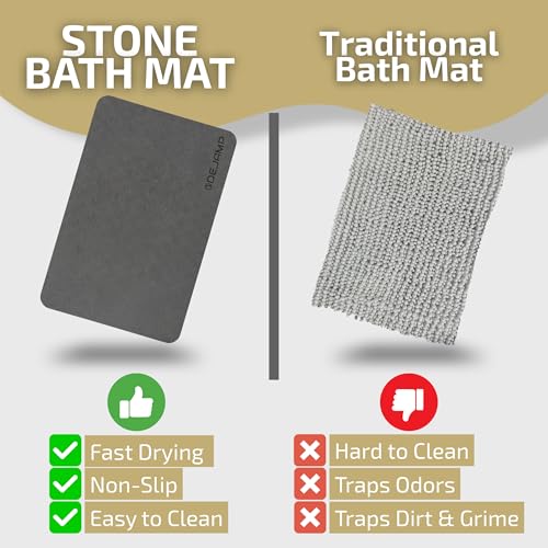 Stone Bath Mat Set - Diatomaceous Earth Bath Surface 24x15 Inches - Stone Kitchen Mat 18x14 Inches - Quick Drying Bathroom Floor - Absorbent Non SLP - 2 Pack for Bathroom and Kitchen - Grey